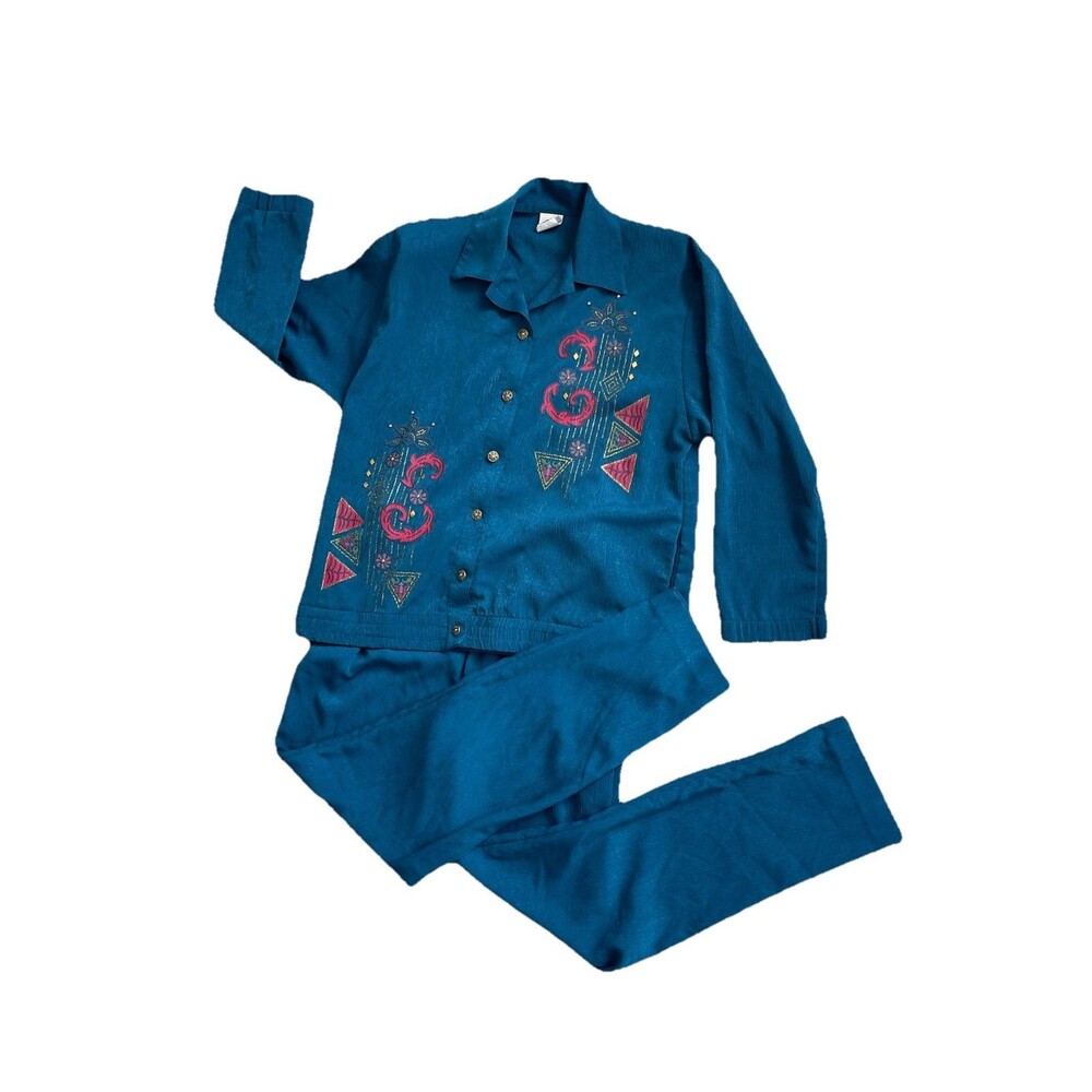 Vintage GW by Graff Teal Embroidered Jacket & Pants Set Size Small Made in USA